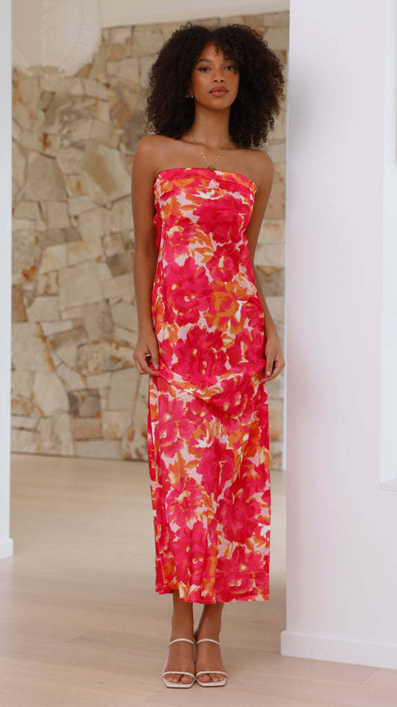 Strapless Painterly Floral Print Column Midi Dress