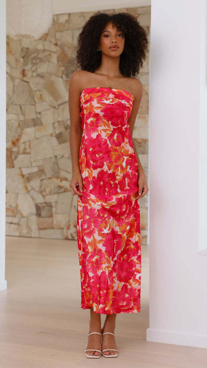 Strapless Painterly Floral Print Column Midi Dress
