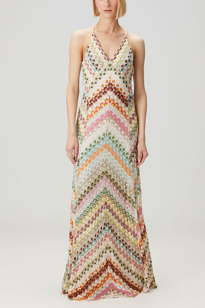 Missoni Summer Knit Colorful Herringbone Print Open Beck Maxi Dress