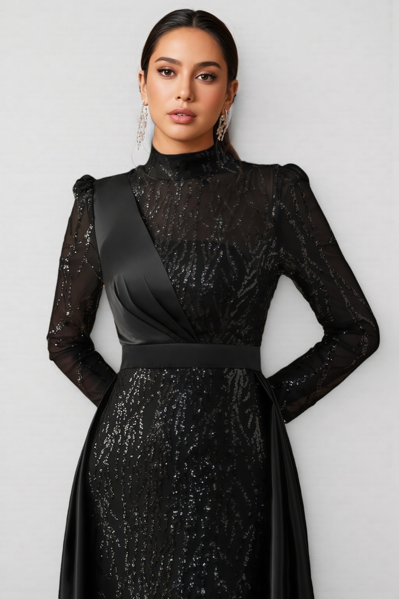 Moto Sequin Satin Long-Sleeved Maxi Dress