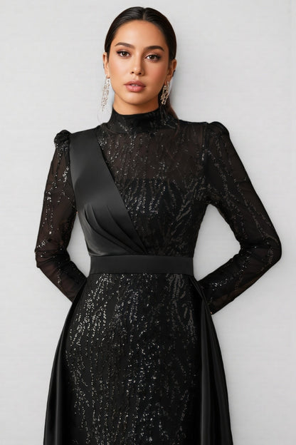Moto Sequin Satin Long-Sleeved Maxi Dress