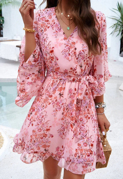 Ruffle Floral Wrap Mini Dress – Pink Bloom Edition