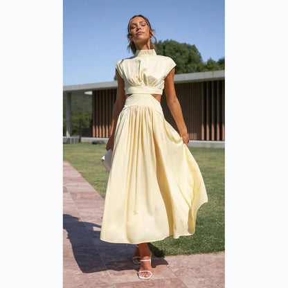 Mock Neck Cap Sleeve Pleated Bodice Waist Cutout Flared Midi Dress