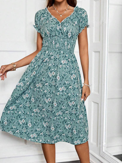 Ditsy Floral Lettuce-Edge V-Neck Puff Sleeve Smocked Waist A-Line Midi Dress