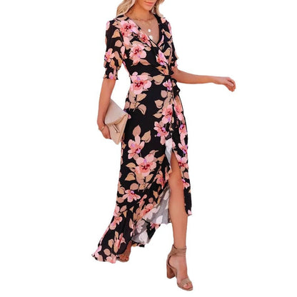 Floral Print Wrap V-Neck Puff Sleeve Ruffle Trim High-Low Maxi Dress