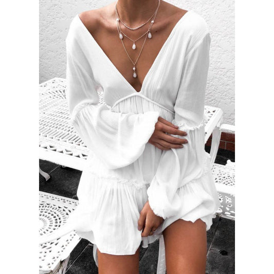Women's White Boho Beach Mini Dress – Loose Sleeve Summer Casual Dress