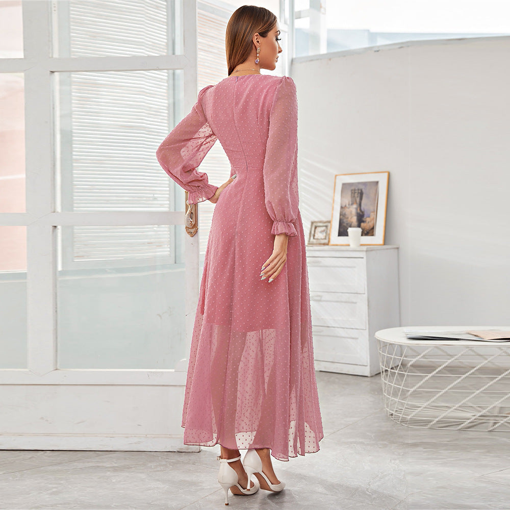Dress  Arrival Pink Voile Long Dress High Waist Slim Fit