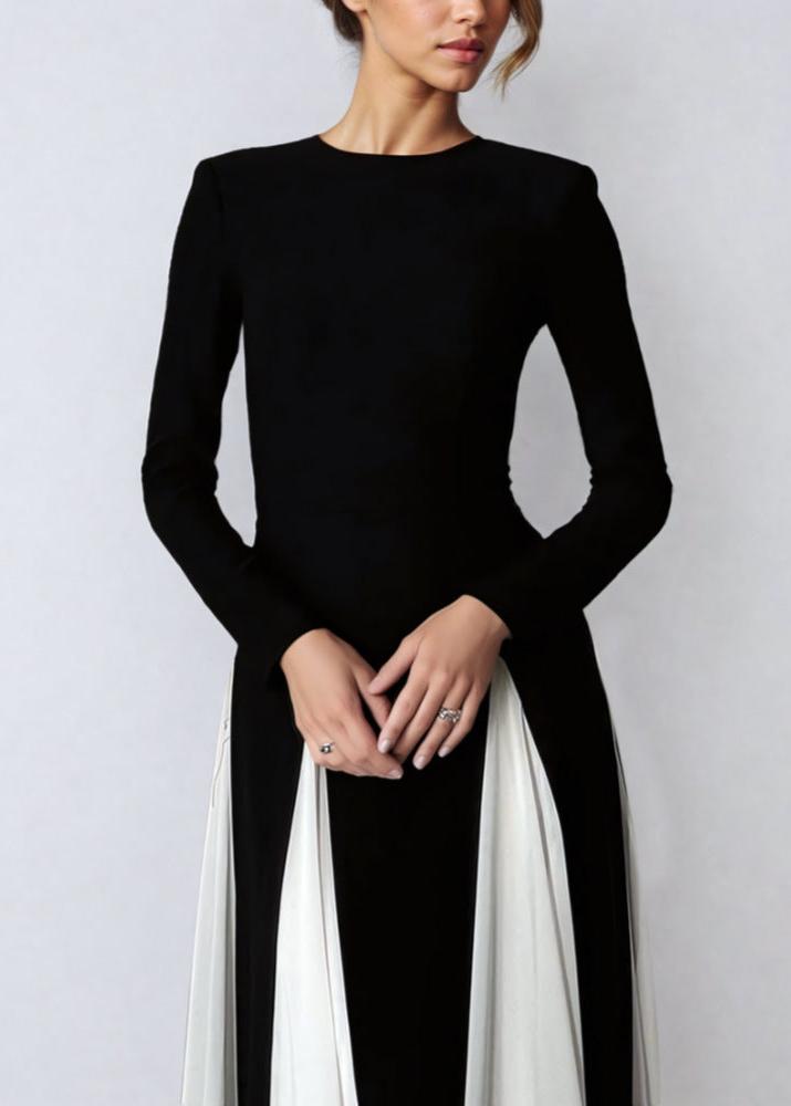 Crew Neck Long Sleeve Contrast Pleated Godet Panel Fit and Flare Maxi Dress