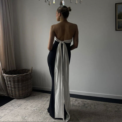 Color Contrast Backless Bow Tube Top Ribbon Dress