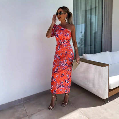 One Shoulder Puff Sleeve Ikat Geometric Print Maxi Dress