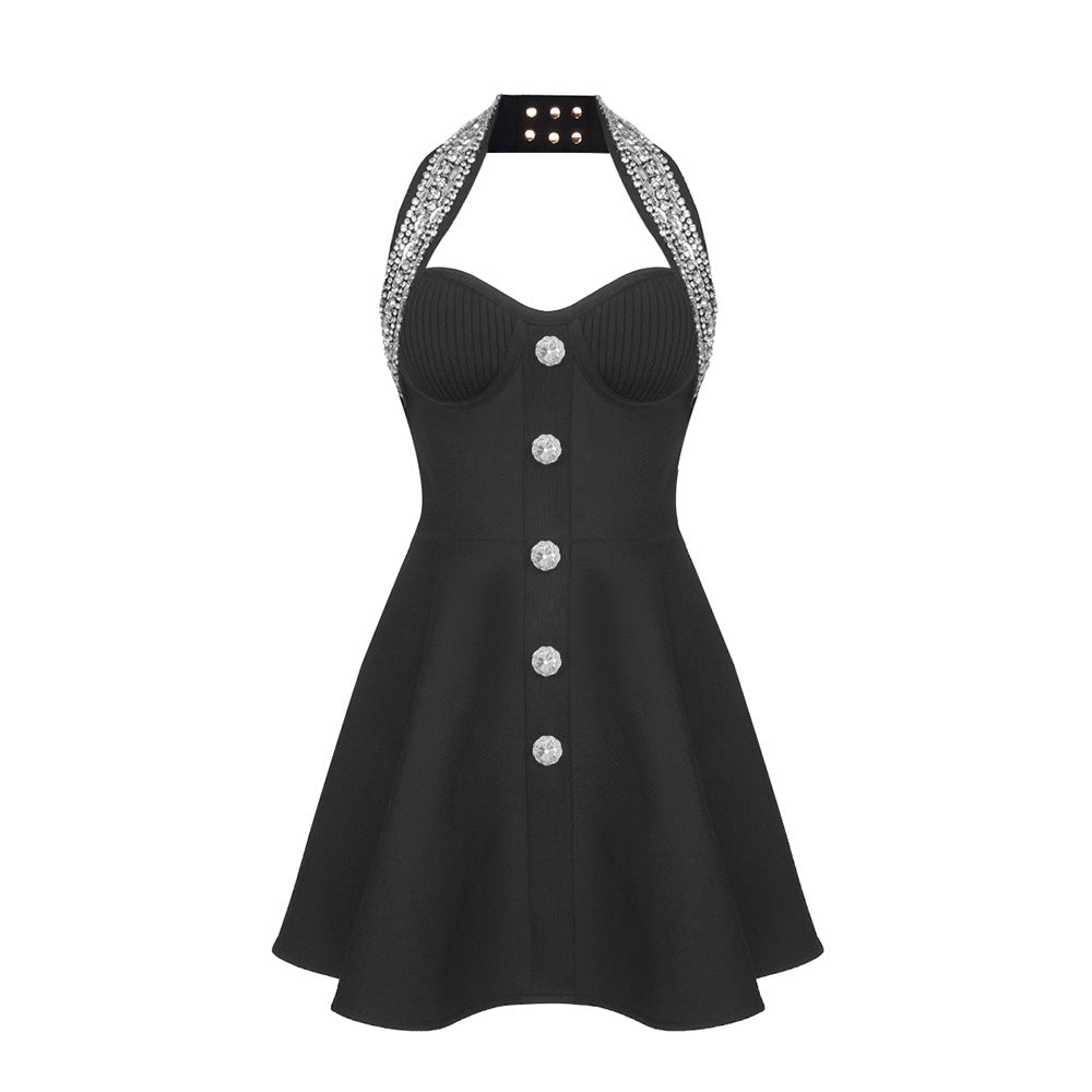 Black Sleeveless Heavy Industry Beads A line Dress Bandage Dress Slim Dress