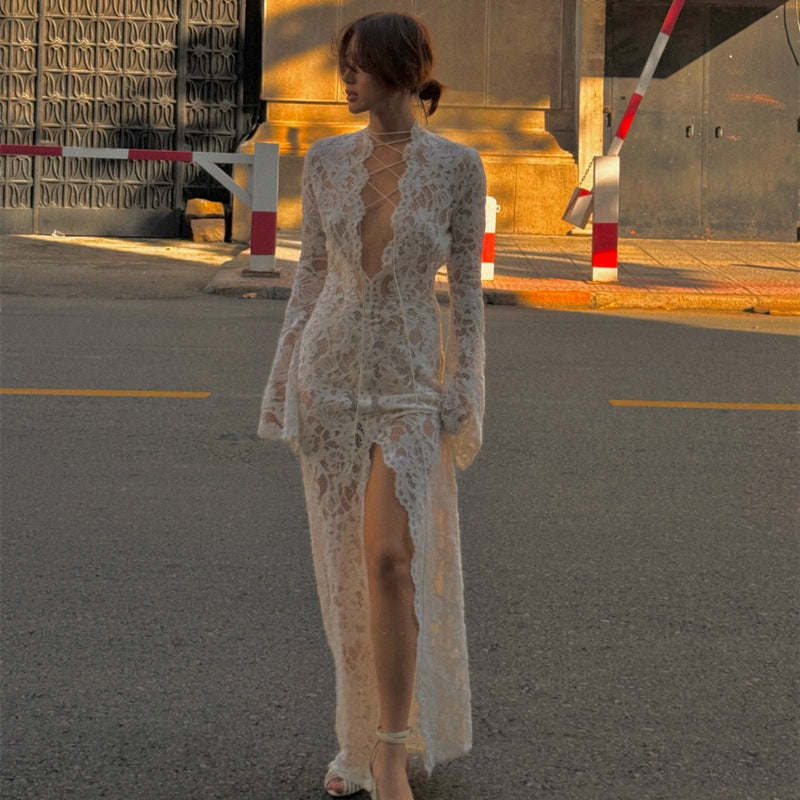 Garcelle Floral Lace Lace-up Long Bell Sleeve Slit Midi Dress