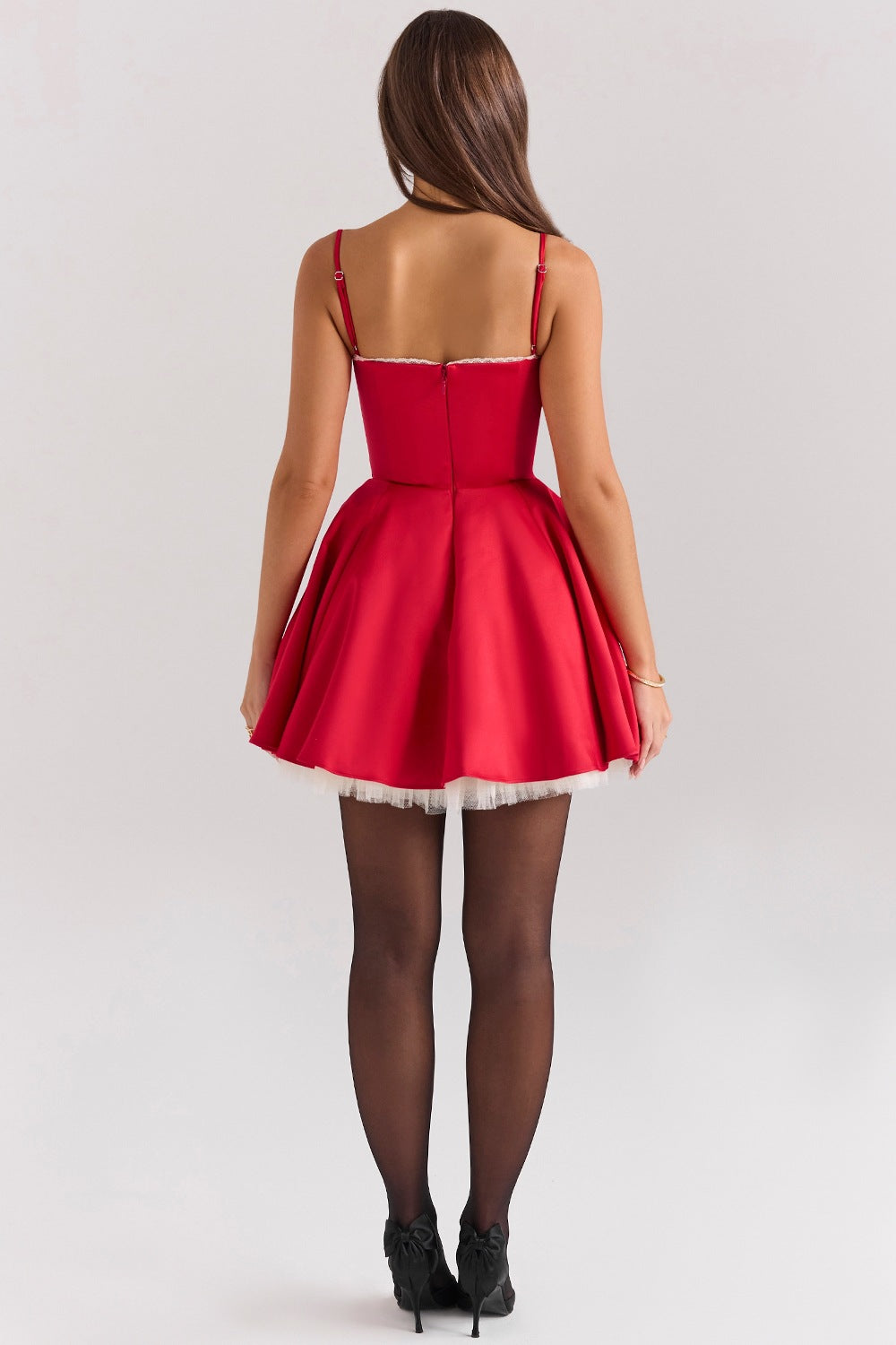 Sweetheart Bustier Lace Trim Tulle Hem Pleated Fit-and-Flare Mini Dress