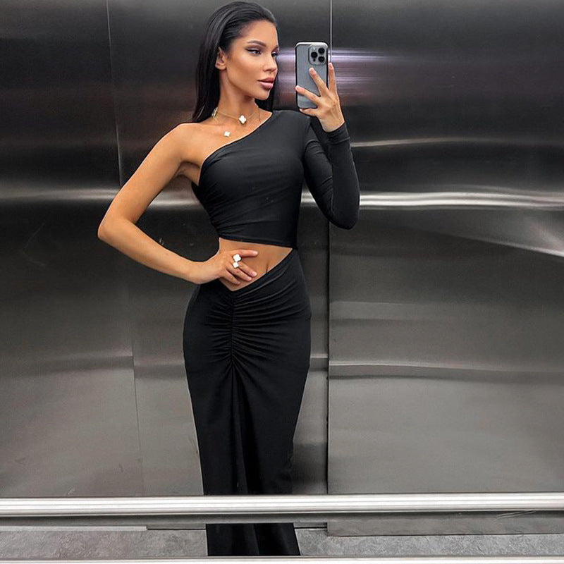 Oblique Shoulder Single Sleeve Pleated Cropped Outfit Split Mid Length Dress