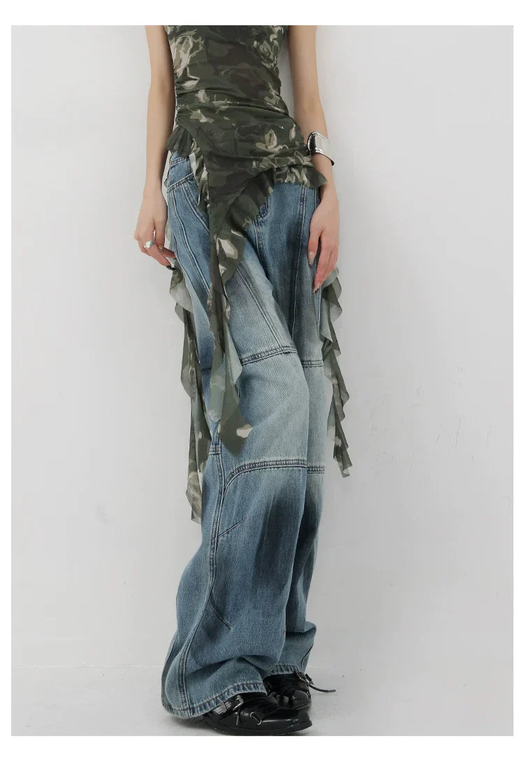 Vintage Distressed And Dirt-Dyed Patchwork Wide-Leg Jeans
