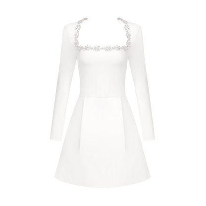 Bead Long Sleeve Stretch Dress A line