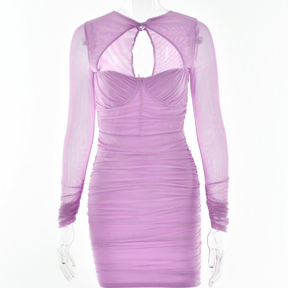 Hollow Out Cutout Low Cut Sheer Long Sleeve Skinny Hip Dress
