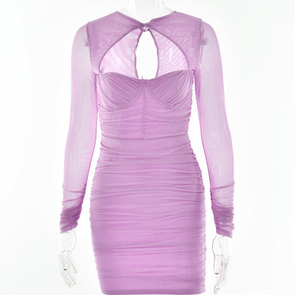 Hollow Out Cutout Low Cut Sheer Long Sleeve Skinny Hip Dress