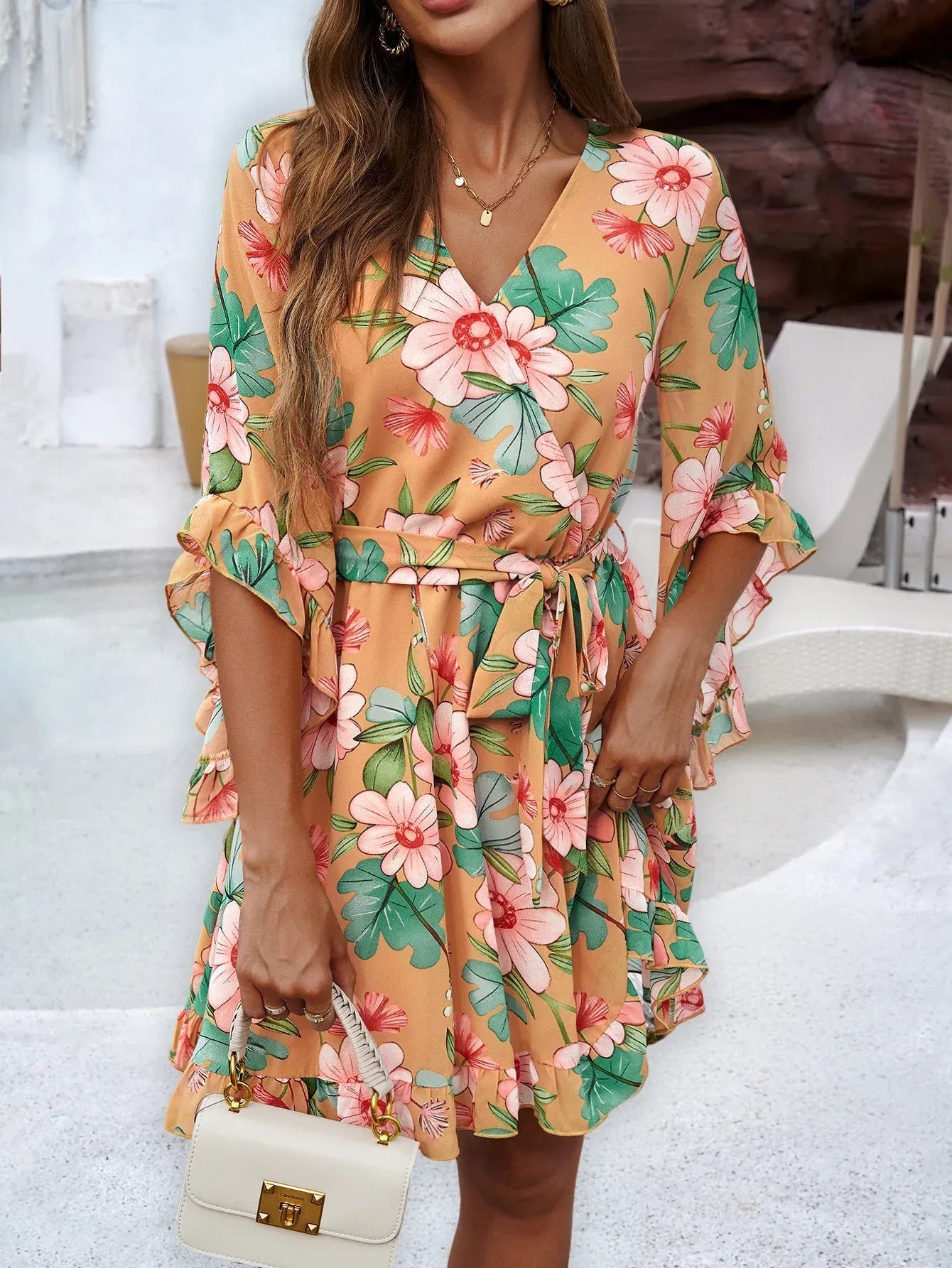 RUFFLE FLORAL WRAP MINI DRESS – ORANGE FLORAL