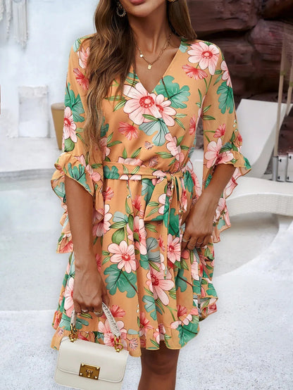 RUFFLE FLORAL WRAP MINI DRESS – ORANGE FLORAL