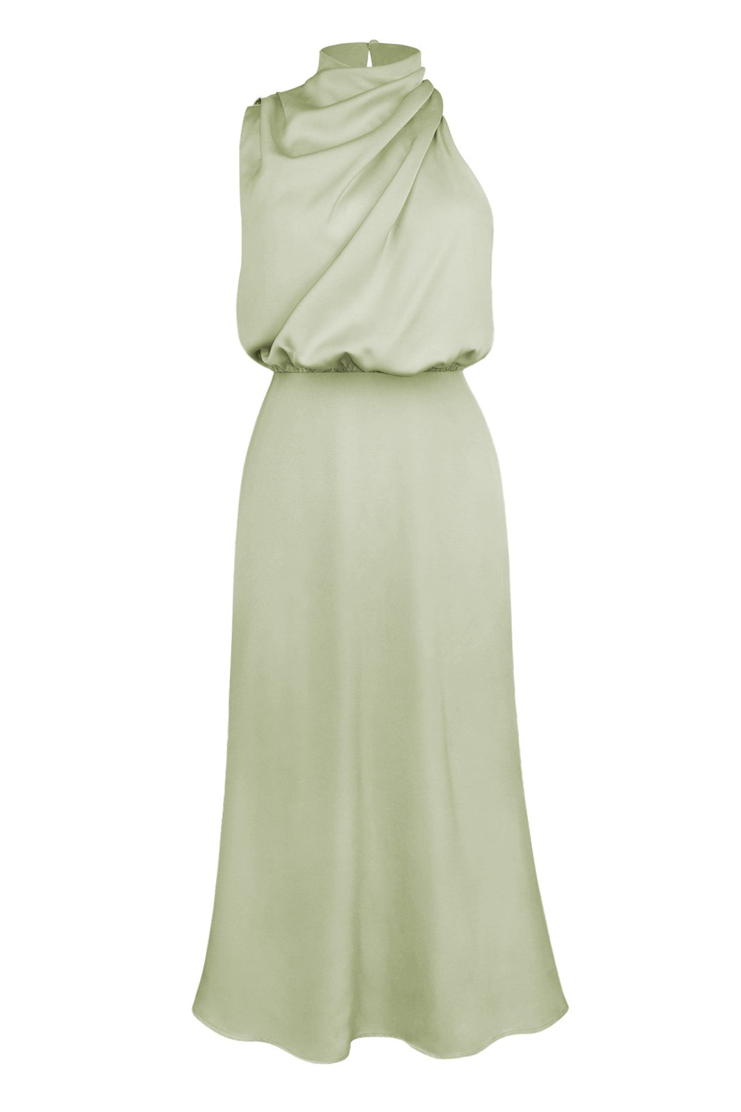 Halter Draped Cowl Neck Gathered Waist Satin Maxi Dress