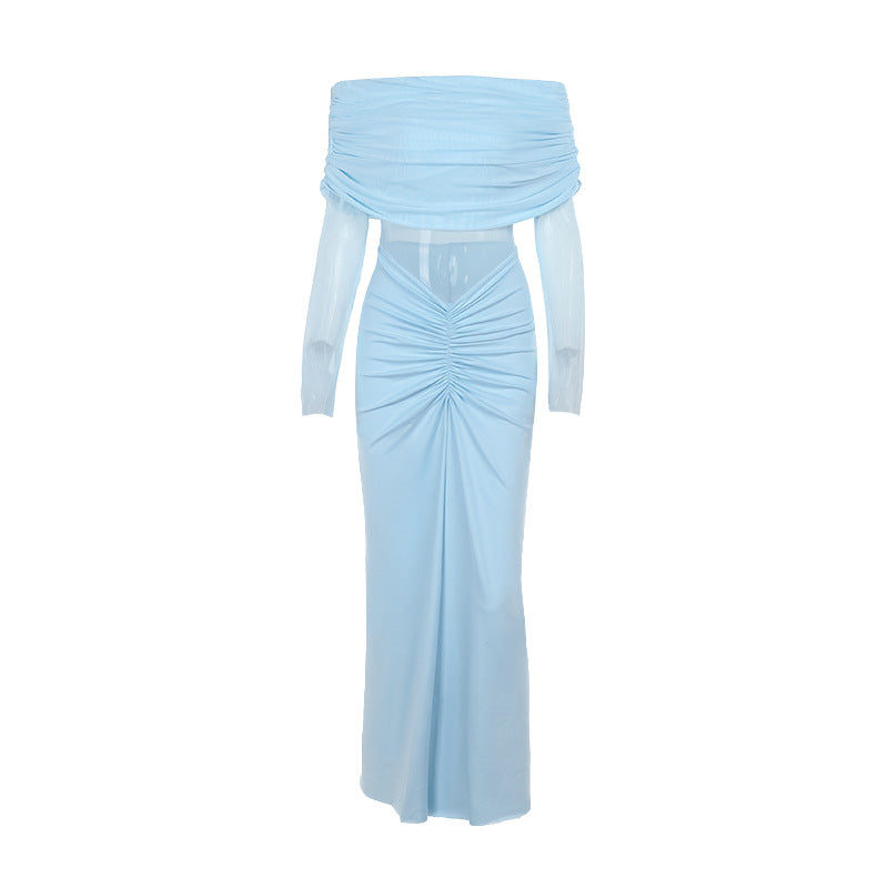 Off Shoulder Mesh Pleated Ruched Bodycon Maxi Dress