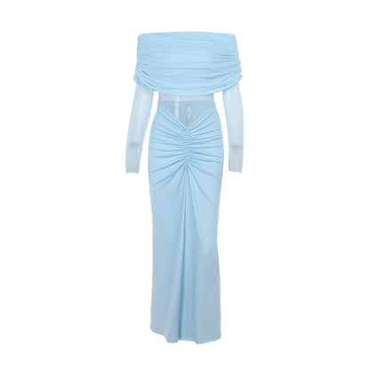 Off Shoulder Mesh Pleated Ruched Bodycon Maxi Dress