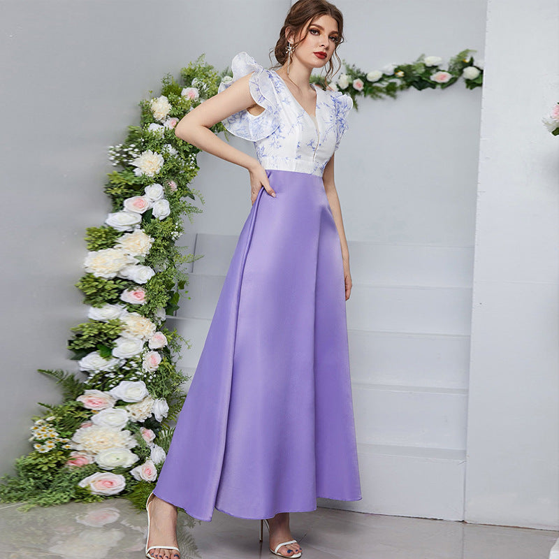 High Waist V neck Petal Sleeve Digital Printing Stitching Dress
