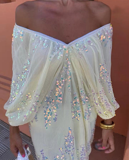 Off Shoulder Balloon Sleeve Sequin Deep V-Neck Maxi Dress
