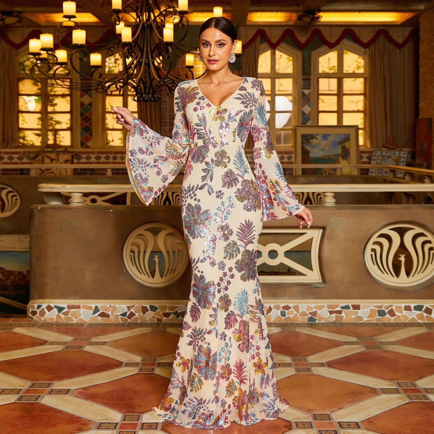 High End Long Sleeved Elegant V neck Long Sequined Cocktail Evening Dress Bridesmaid Dress