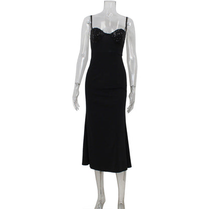 Sequin Stitching Tube Top Cinched Waist Light Luxury Cocktail Evening Dress Fishtail Sheath Cami Dress