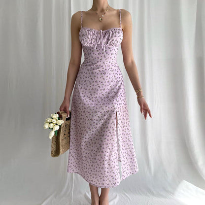 Ditsy Floral Print Spaghetti Strap Ruched Tie-Front Sweetheart Side Slit Midi Dress