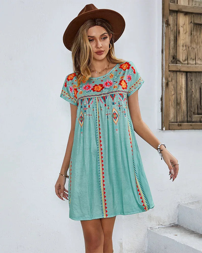 Mini Dress Blue Summer Floral Short Dress