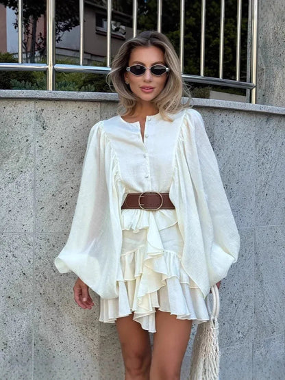 Layered ruffle lantern sleeve mini dress