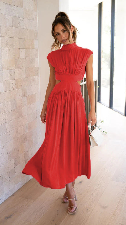 Mock Neck Cap Sleeve Pleated Bodice Waist Cutout Flared Midi Dress