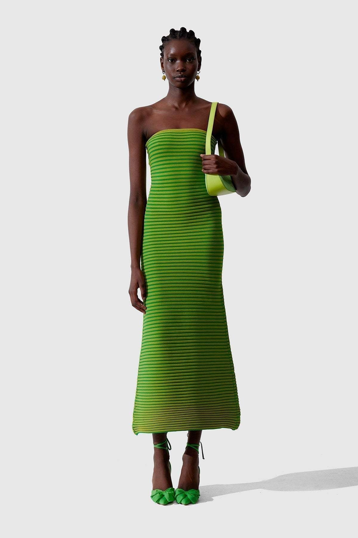 Horizontal Stripe Strapless Bodycon Knit Maxi Dress