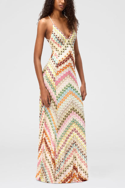 Missoni Summer Knit Colorful Herringbone Print Open Beck Maxi Dress