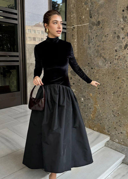 Turtleneck Long Sleeve Velvet Top and Gathered Taffeta Midi Skirt Set