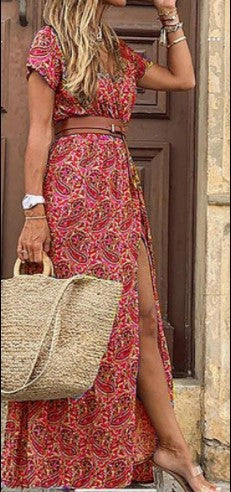 Paisley Print Deep V-Neck Short Sleeve High Slit Flowy Maxi Dress
