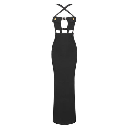Black Cross Halterneck Pocket Dress Stretch Bandage One Piece Dress Suspender Dress