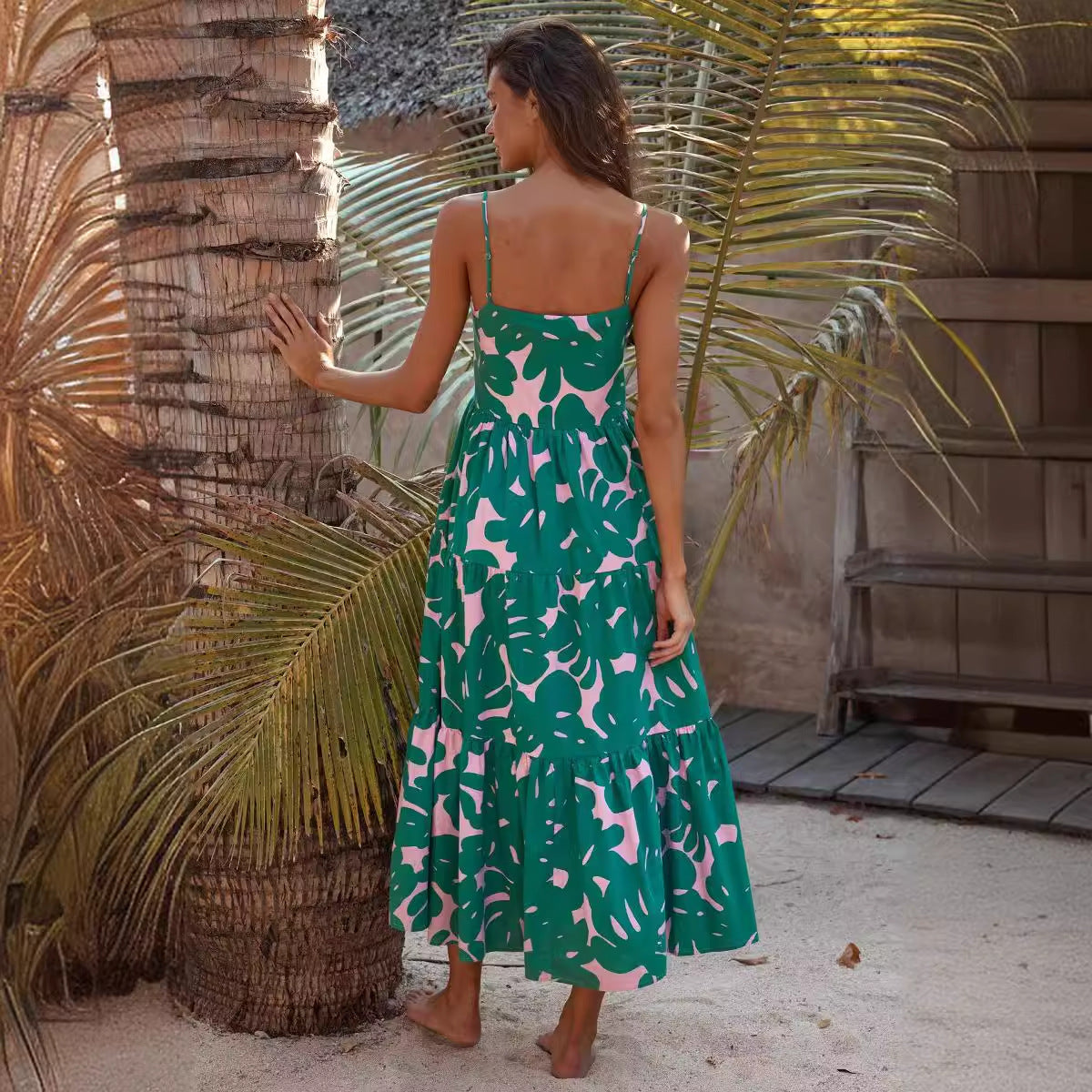 Spaghetti Strap Tiered Botanical Leaf Print Maxi Dress