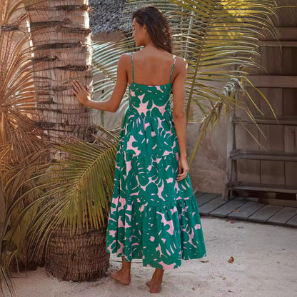 Spaghetti Strap Tiered Botanical Leaf Print Maxi Dress
