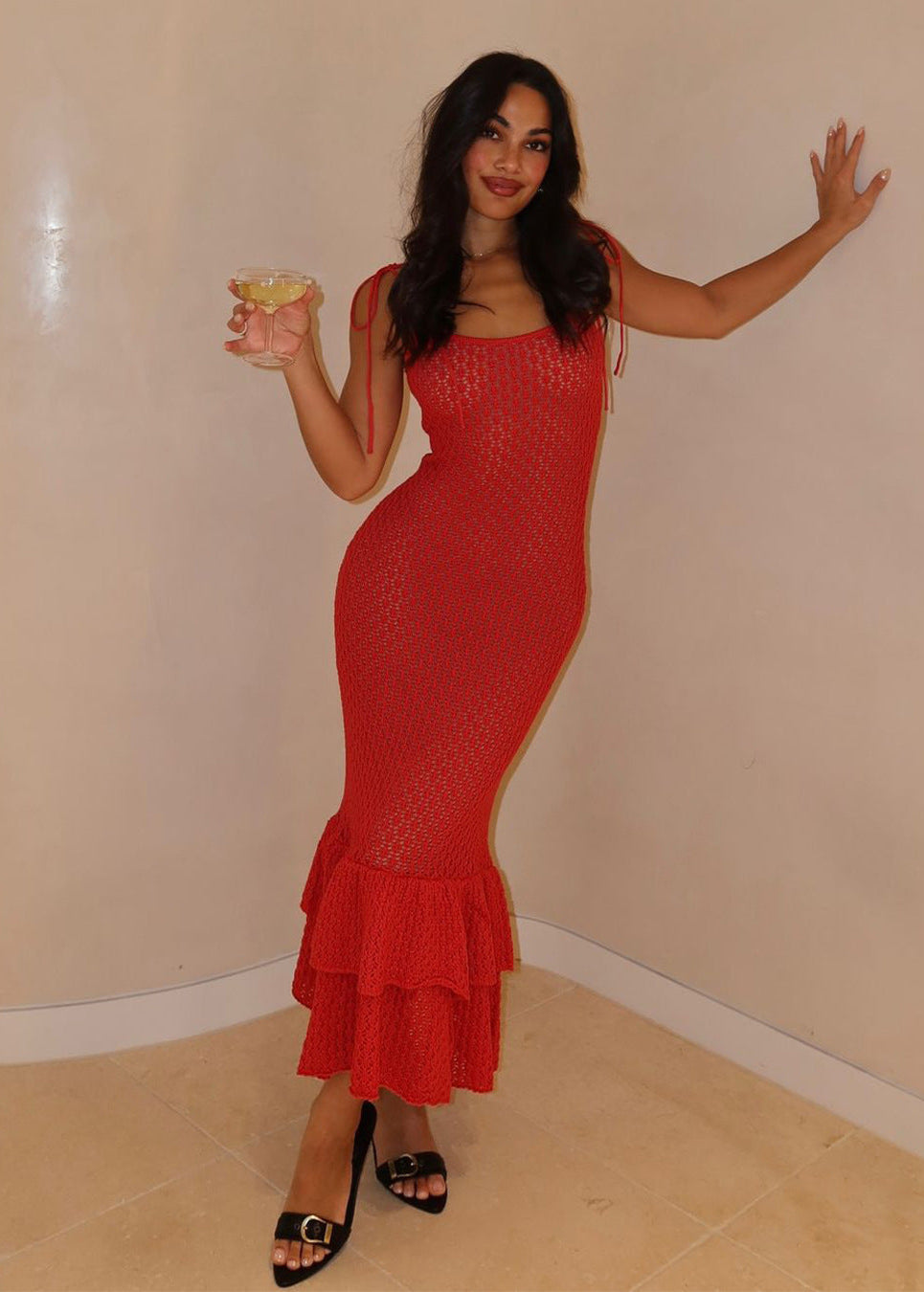 Scoop Neck Tie Shoulder Crochet Pointelle Knit Tiered Ruffle Hem Midi Dress
