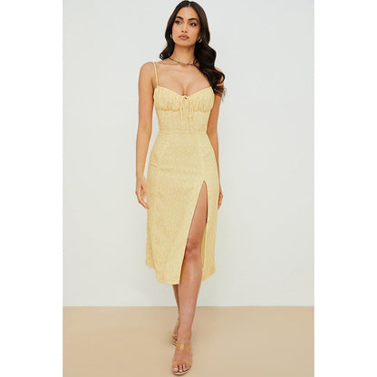 Ditsy Floral Print Spaghetti Strap Ruched Tie-Front Sweetheart Side Slit Midi Dress