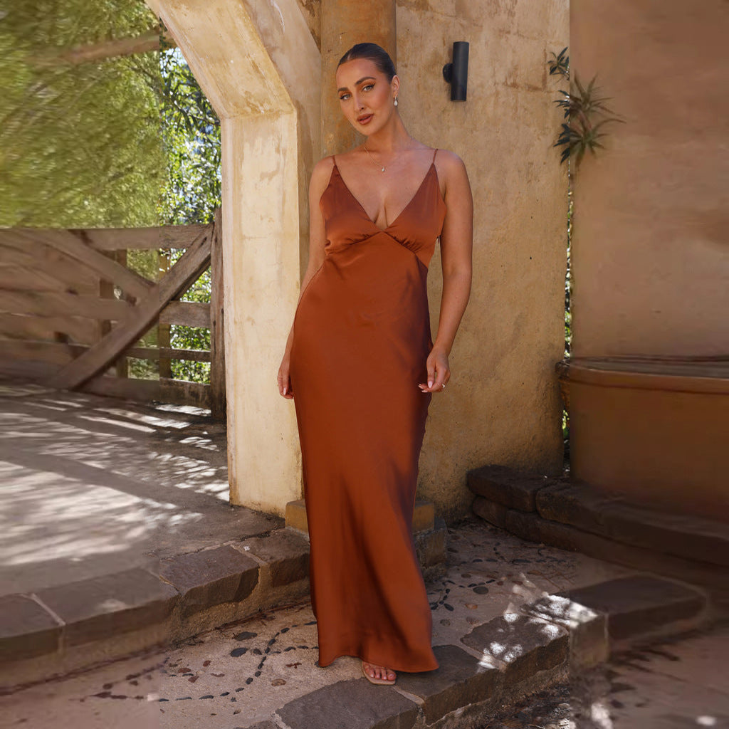 Satin Spaghetti Strap Deep V-Neck Ruched Bust Slip Maxi Dress