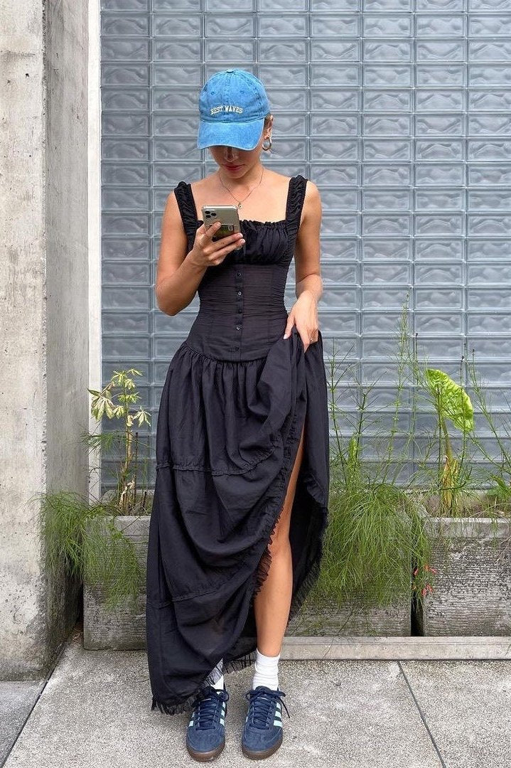 Square Neck Bow Tie Smocked Button Front Tiered Ruffle Maxi Dress