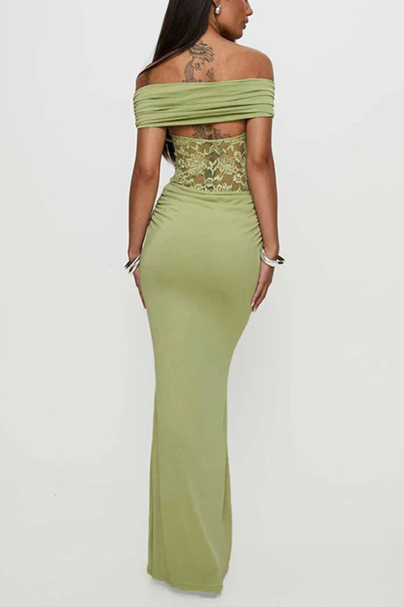 Women's Spring/Summer New Solid Color Off Shoulder Splicing Lace Extra Long Slimming Dress