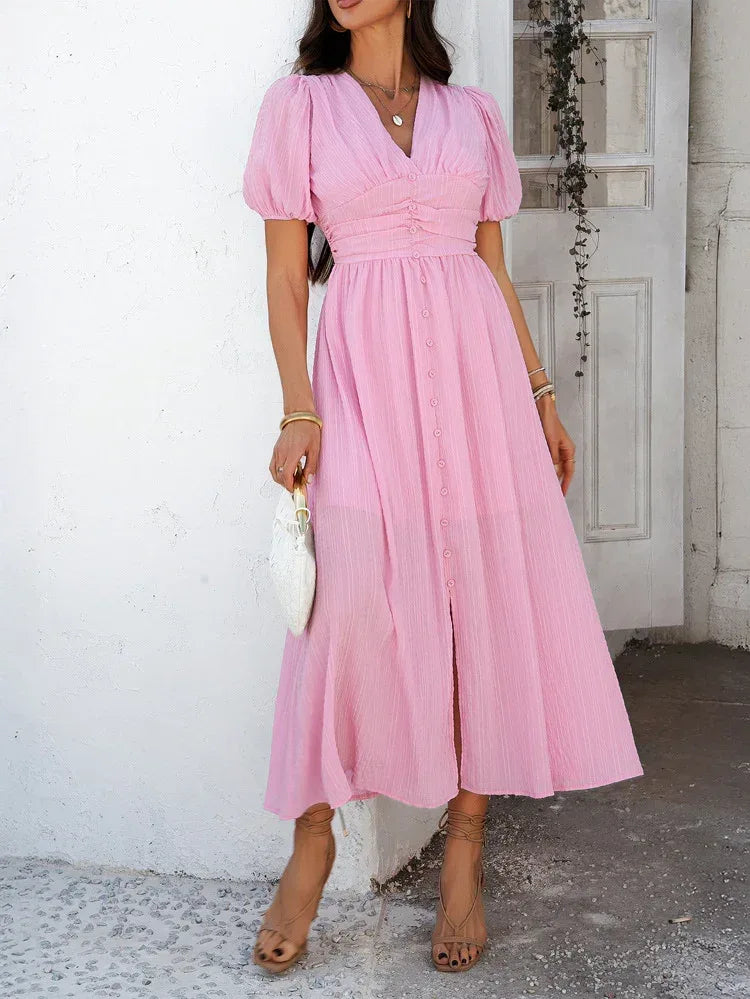 Ruched Pink Midi Summer Dress Puff Sleeve