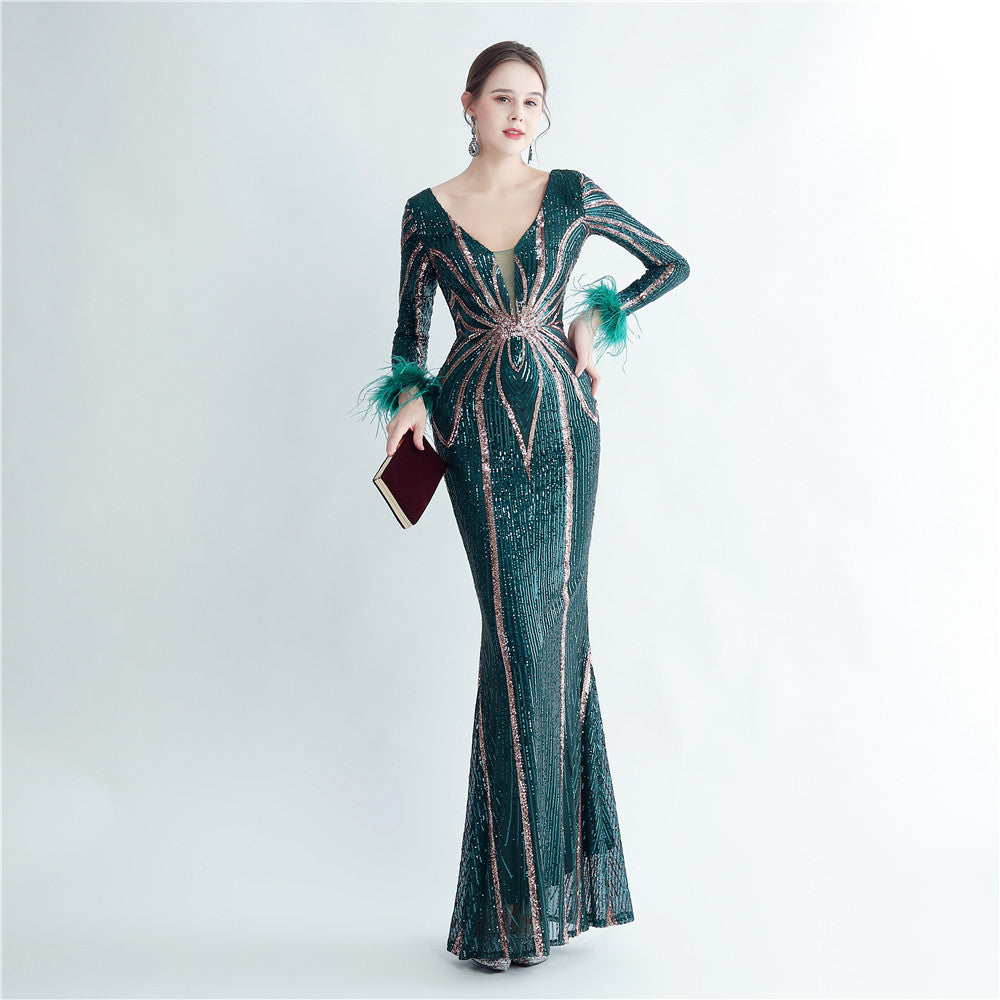 Positioning Floral Sequin Craft Ostrich Feather High End Long Sleeved Evening Dress