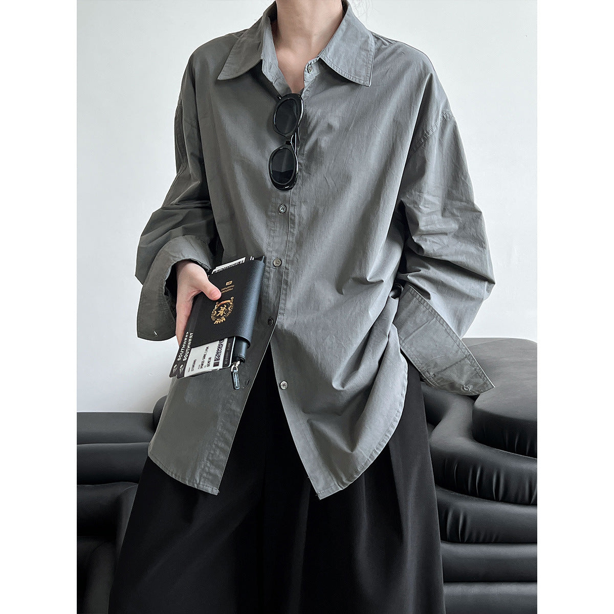 Minimalist All Match Cotton Long-Sleeved Shirt Bandage Dress Polo Collar Top Coat
